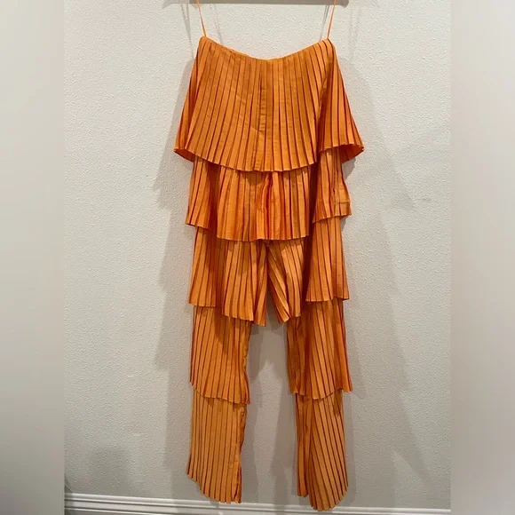 Andrea Iyamah Vibrant Orange Tami Pleated Tiered Wide Leg Pants Size Medium - Picture 3 of 10